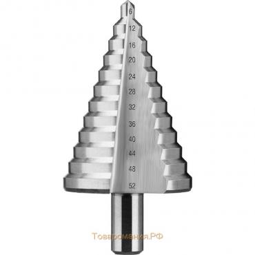 Сверло ступенчатое "ЗУБР" 29670-6-52, d 6-52 мм, 100 мм, 12 ступеней, трехгранный хвостовик   481685