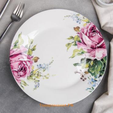 Тарелка фарфоровая обеденная «Роза», d=25,5 см, цвет белый