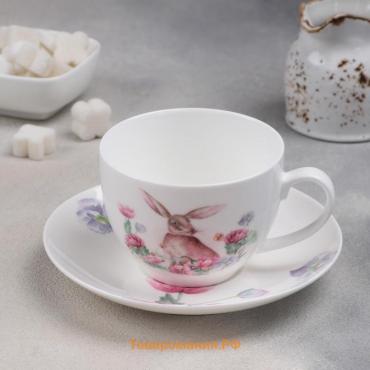 Чайная пара фарфоровая «Зайка», 2 предмета: чашка 250 мл, блюдце d=15 см, цвет белый