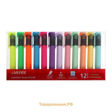 Набор маркеров текстовыделителей 12 цветов, 5,0 мм, deVENTE (6 неоновых и 6 пастельных цветов), на поддоне в пластиковой коробке