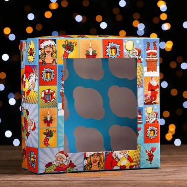 Упаковка на 9 капкейков с окном "Новогодний сюрприз", 25 х 25 х 10 см