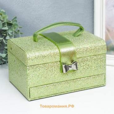 Шкатулка кожзам для украшений сундук с бантом "Мелкие квадратики. Зелёный" 13,5х16,5х23 см