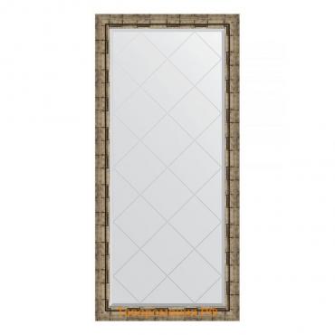 Зеркало с гравировкой в багетной раме, серебряный бамбук 73 мм, 73x155 см