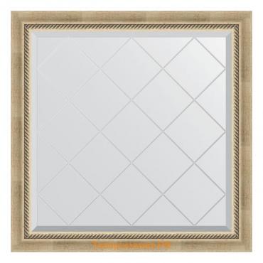 Зеркало с гравировкой в багетной раме, состаренное серебро с плетением 70 мм, 83x83 см
