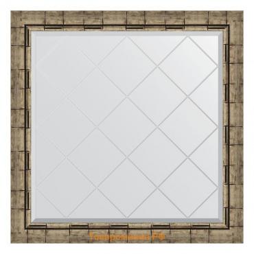 Зеркало с гравировкой в багетной раме, серебряный бамбук 73 мм, 83x83 см
