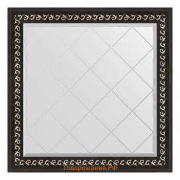 Зеркало с гравировкой в багетной раме, черный ардеко 81 мм, 85x85 см