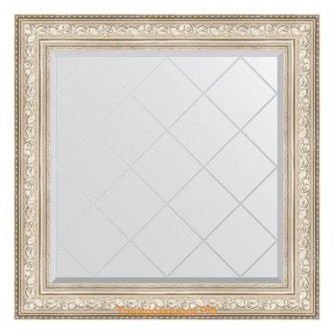 Зеркало с гравировкой в багетной раме, виньетка серебро 109 мм, 90x90 см