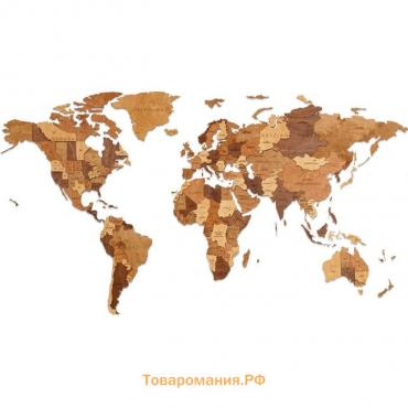 Карта мира деревянная Eco Wood Art Wooden World Map Choco World, объёмная, трёхуровневая, размер L, 192x105 см, цвет шоколадный